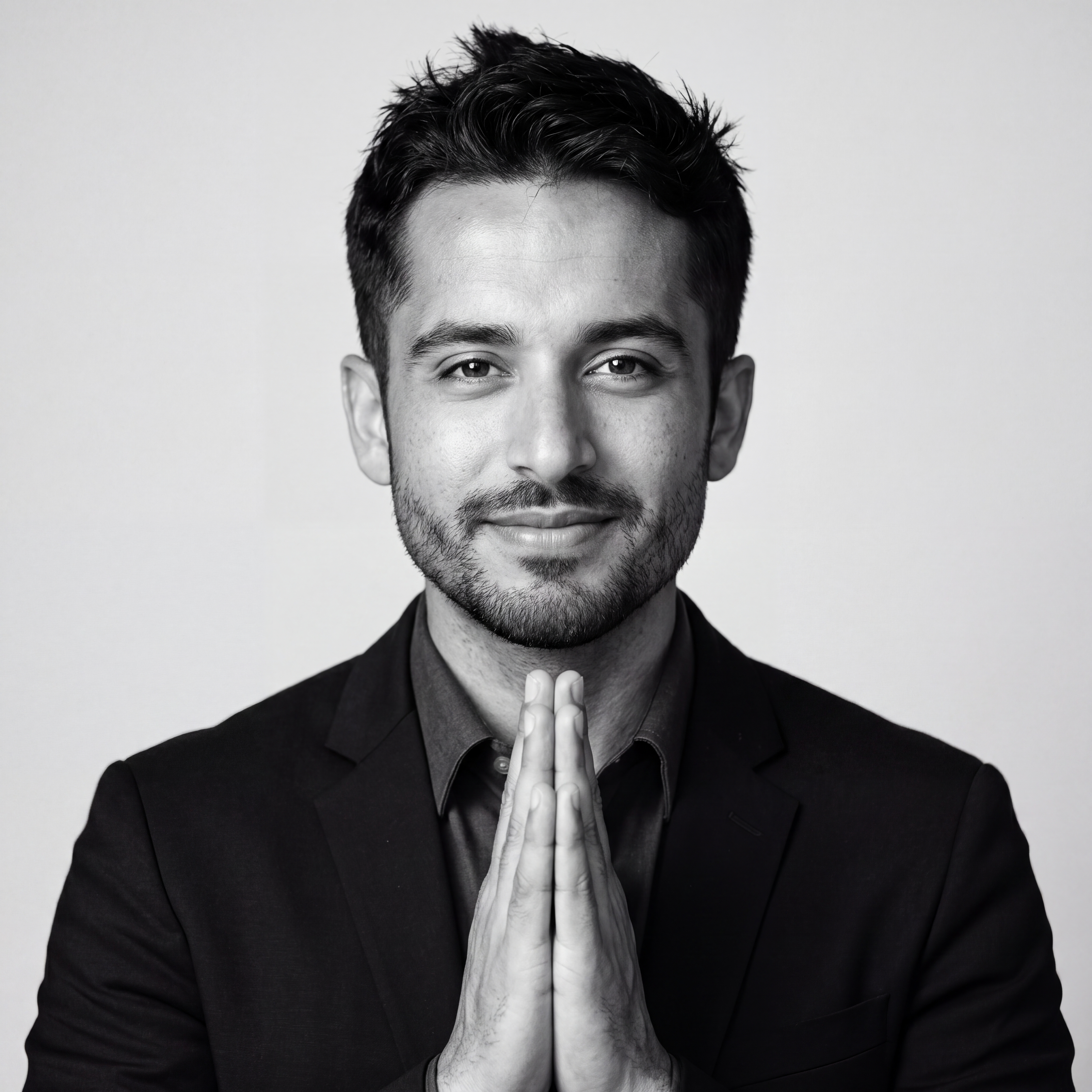 Ankit Jha black and white namaste portrait