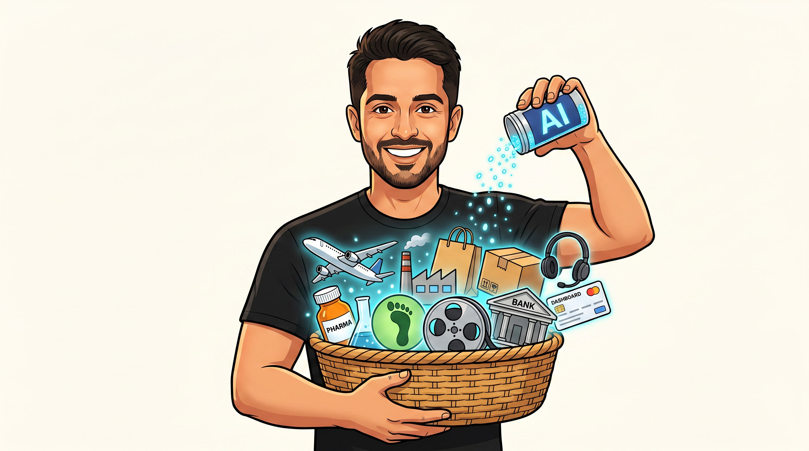 Cartoon Ankit founder illustration holding industry artifacts and pouring AI into a basket