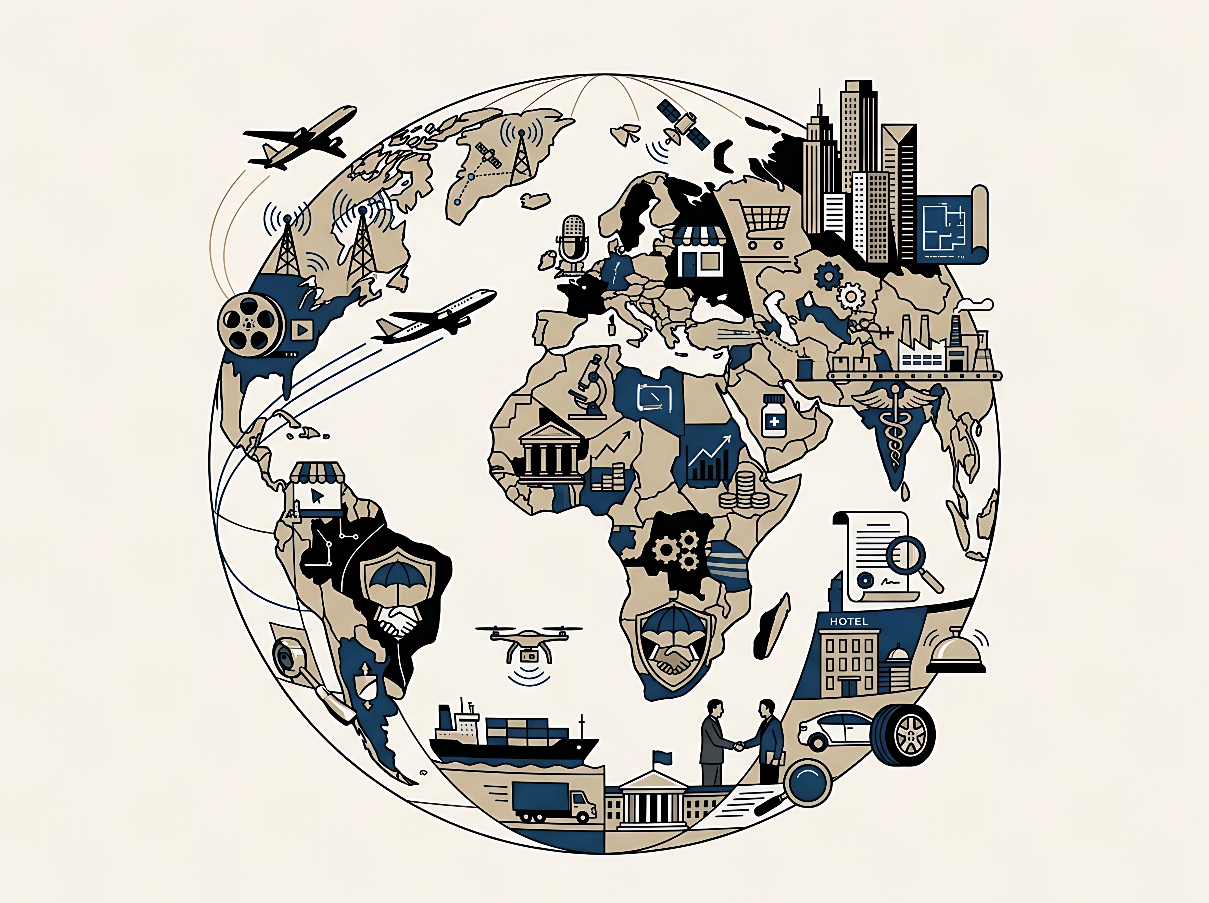 AI-generated globe illustration made of industry symbols and sectors
